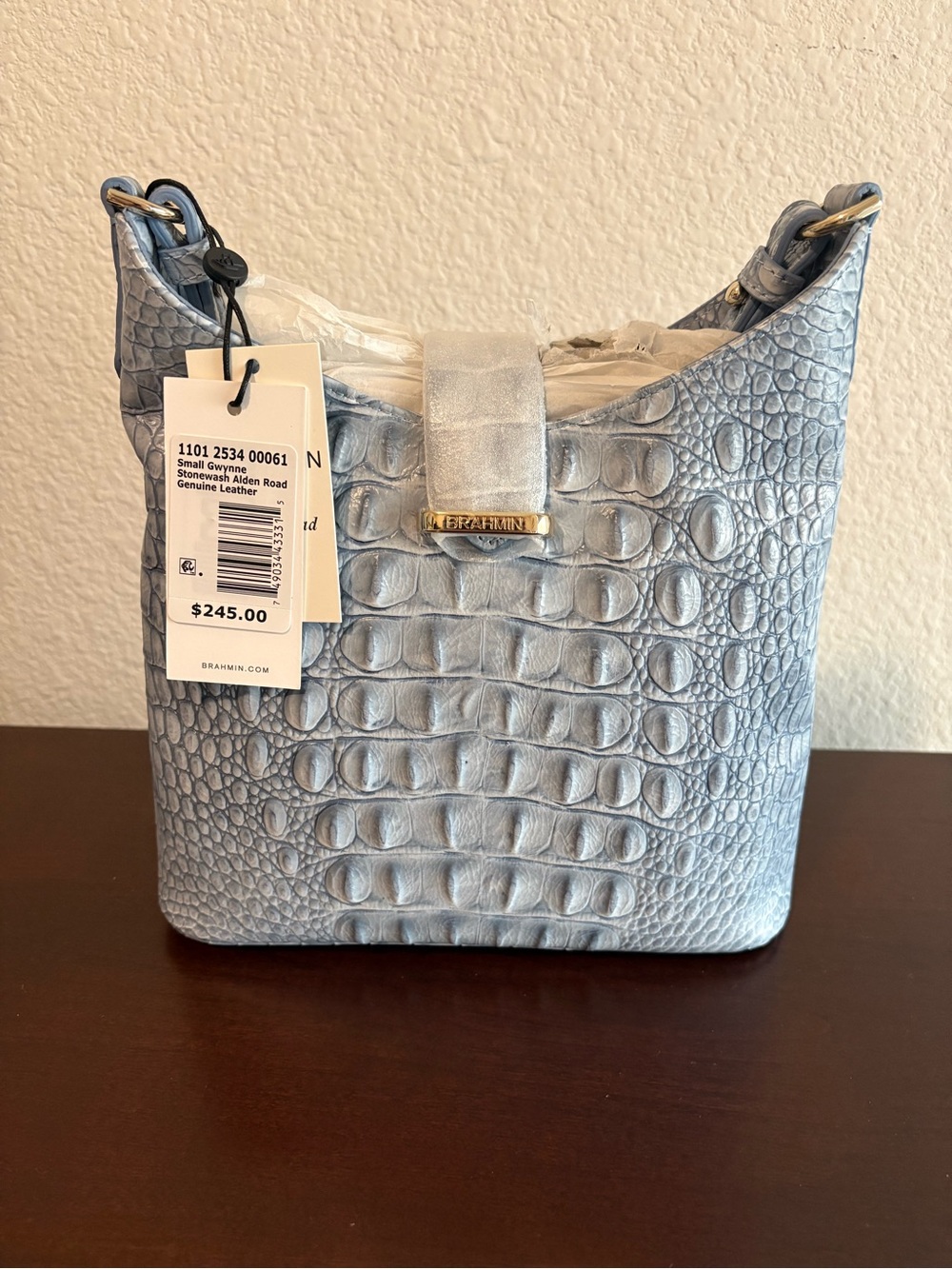 Brahmin Small Gwynne Croc-Embossed Leather Shoulder Bag in Ice Blue